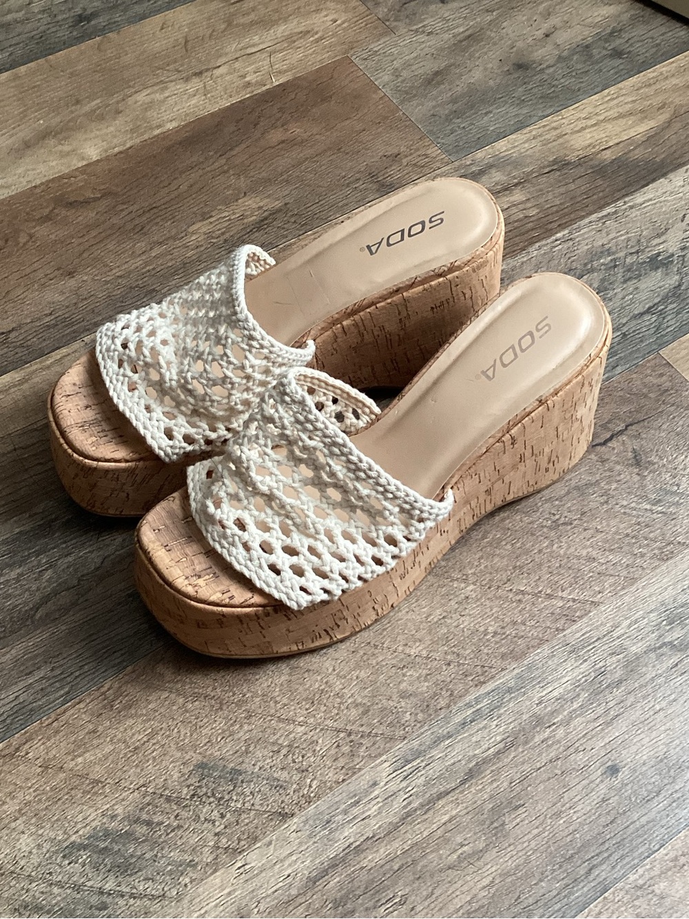 SODA Women's white Crochet Cork Platform Slide
